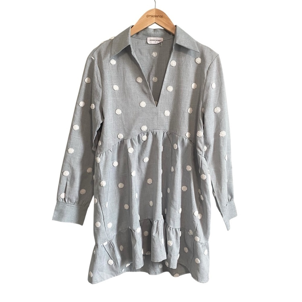 Goodnight Macaroon Long Sleeve Gray and White Polka Dot Mini Dress Size Small - Picture 2 of 5
